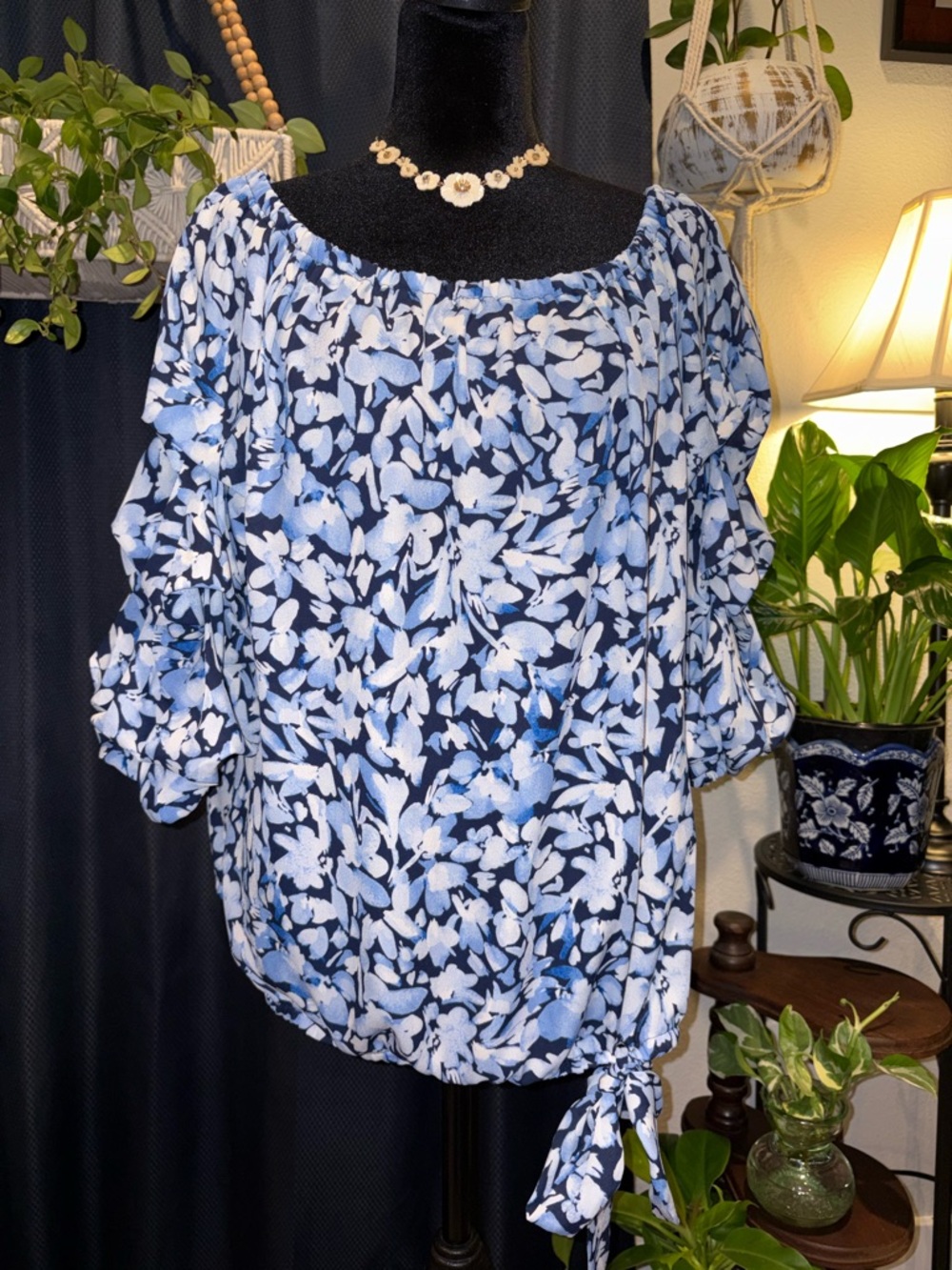 CeCe Light Blue Floral Deep Scoop Neck Tie-Hem Blouse
